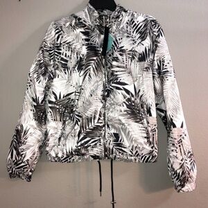 Palm Leaf Tropical Rain Jacket Women’s Juniors Black White Zip Up Weatherproof